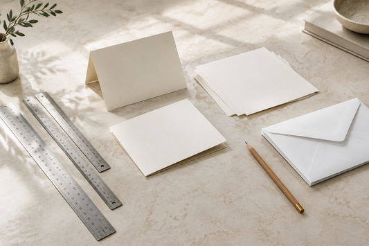 Metal rulers sit beside paper inserts and envelopes on an office desk prepared for client thank-you card layouts.
