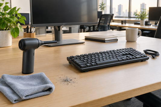 An electric air duster sits beside a shared office keyboard during a year-end desk reset.