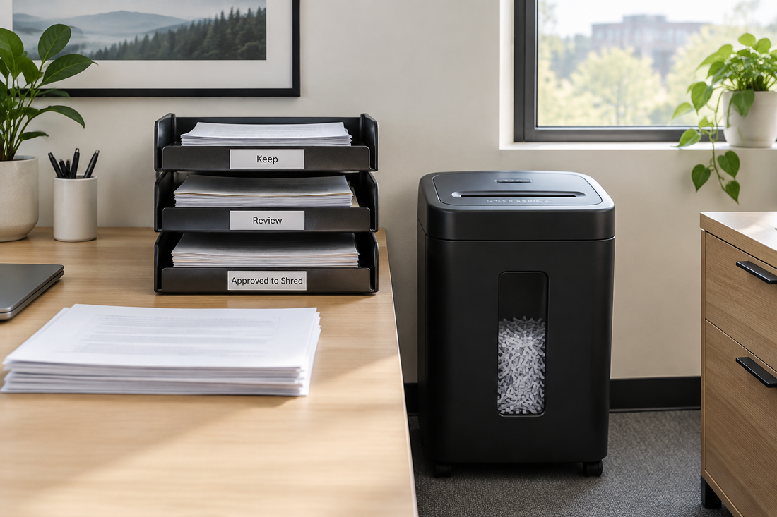 A cross-cut paper shredder sits beside sorted documents during a small office year-end cleanup.