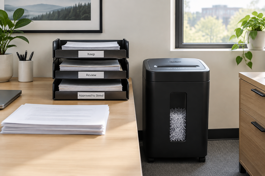 A cross-cut paper shredder sits beside sorted documents during a small office year-end cleanup.