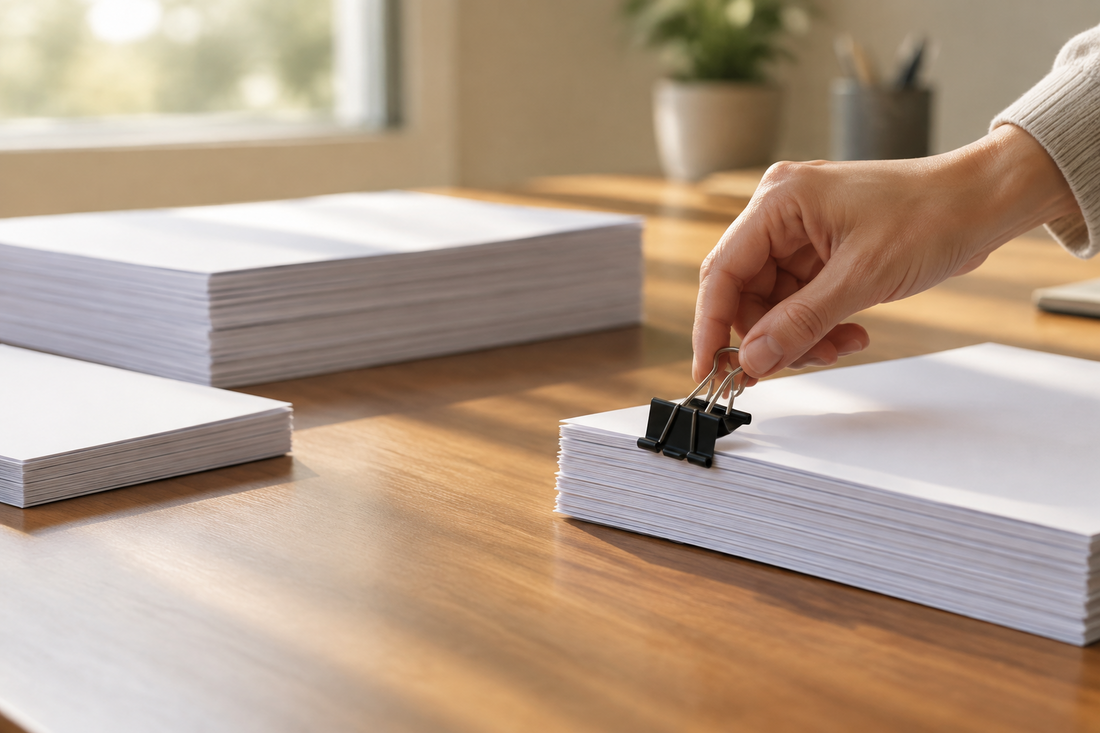 A black binder clip holds a year-end office review packet while separate paper stacks are organized on an oak desk.
