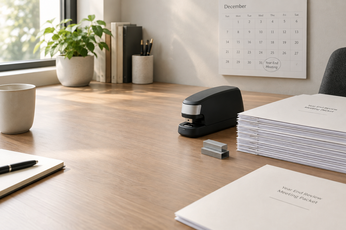 An electric stapler sits beside organized year-end office meeting packets ready for assembly.