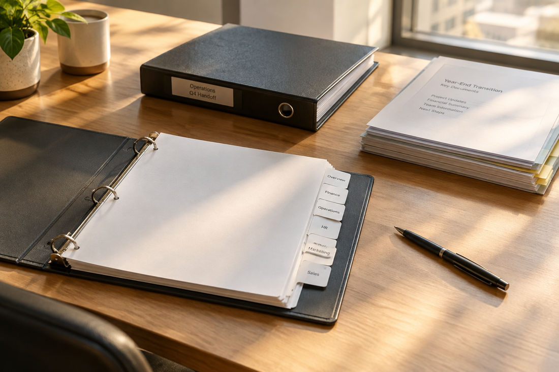 An open three-ring binder with paper dividers organizes year-end office handoff files on a clean desk.