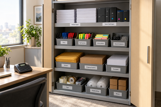 An office label maker sits beside a clearly labeled shared supply cabinet ready for year-end inventory.