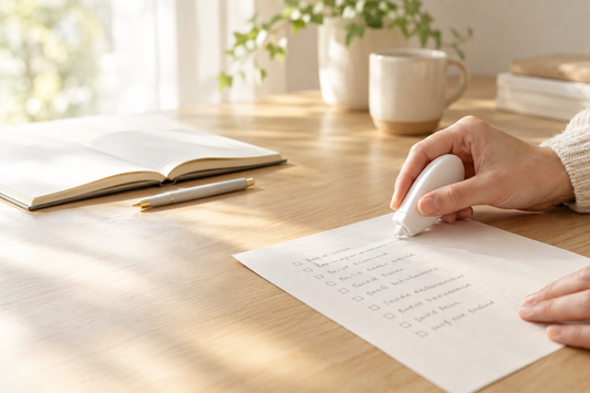 A white correction tape dispenser is used on a paper checklist while preparing year-end office drafts at a tidy desk.