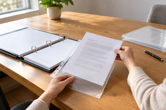 A Letter-size reference page is placed into a clear sheet protector beside an open binder during year-end office file preparation.