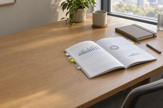 White, neon, and transparent sticky page flags mark sections of a printed report on a desk prepared for a year-end review.
