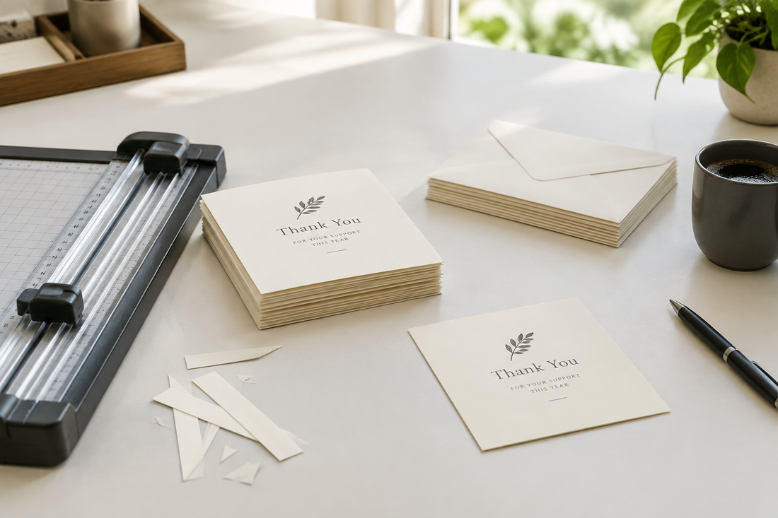 A paper trimmer sits beside printed year-end client thank-you cards and matching envelopes.