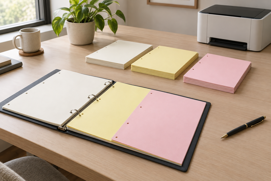 Ivory, canary-yellow, and pink 3-hole punched colored paper arranged beside an open binder for year-end team training.