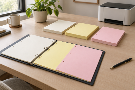 Ivory, canary-yellow, and pink 3-hole punched colored paper arranged beside an open binder for year-end team training.