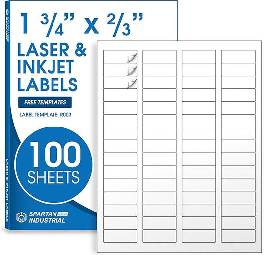 1 3/4" X 2/3" Matte White Return Address Labels (100 Sheets, 6000 Stickers) Mailing Labels for Envelopes, File Folder Stickers for Laser & Inkjet Printers - Spartan Industrial Template R003 | Laser Inkjet Printer Labels - TrueDesk