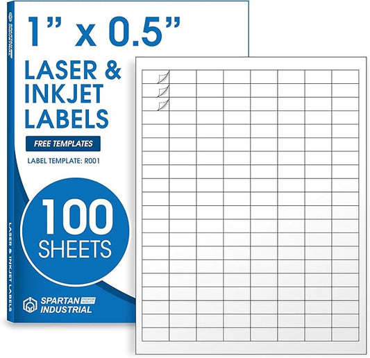 1" X 0.5" Matte White Printable Barcode Labels (100 Sheets, 16000 Stickers) UPC Labels and Price Tags for Laser & Inkjet Printers - Spartan Industrial Template R001 | Laser Inkjet Printer Labels - TrueDesk