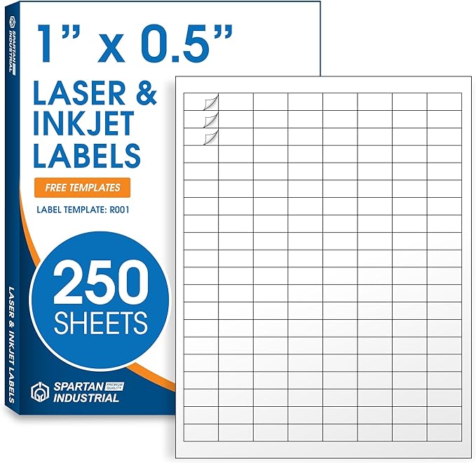 1" X 0.5" Matte White Printable Barcode Labels (250 Sheets, 40000 Stickers) UPC Labels and Price Tags for Laser & Inkjet Printers - Spartan Industrial Template R001 | Laser Inkjet Printer Labels - TrueDesk