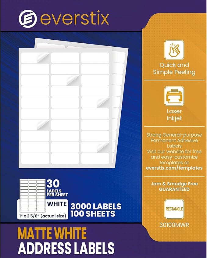 1" x 2 - 5/8", 100 Sheets, 3000 Mailing Address Labels, White Sticker Labels for Laser & Inkjet Printers, Permanent Adhesive | Laser Inkjet Printer Labels - TrueDesk