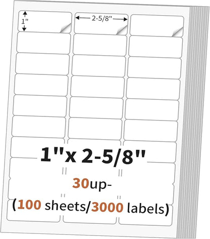 1" x 2 5/8" (100 Sheets) Address Labels, Labels Sticker Paper for Laser/Ink Jet Printer, Printable and Writable White Sticker Labels - Matte, 30 per Page Labels (Total 3000 Labels) | Laser Inkjet Printer Labels - TrueDesk