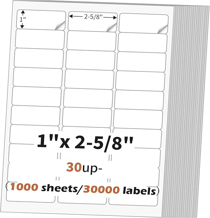 1" x 2 5/8" (1000 Sheets) Address Labels Sticker Paper for Laser/Ink Jet Printer, Printable and Writable White Sticker Label - Matte, 30 per Page Label (Total 30000 Labels) | Inkjet Printer Paper - TrueDesk