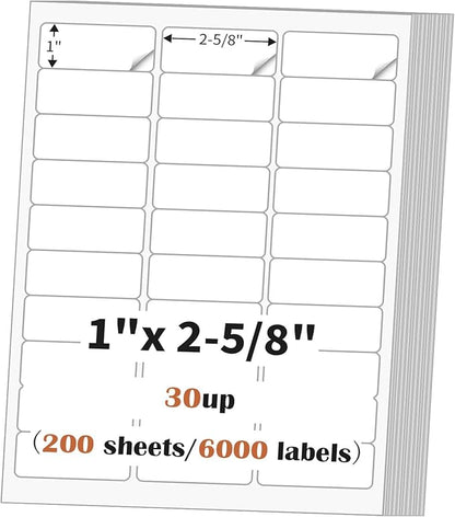 1" x 2 5/8" (200 Sheets) Address Labels Sticker Paper for Laser/Ink Jet Printer, Printable and Writable White Sticker Label - Matte, 30 per Page Label (Total 6000 Labels) | Laser Inkjet Printer Labels - TrueDesk