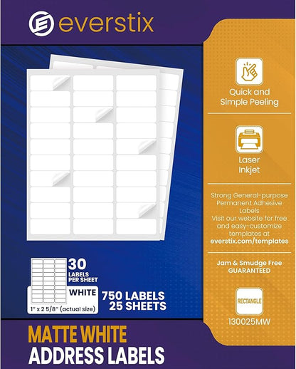 1" x 2 - 5/8", 25 Sheets, 750 Mailing Address Labels, White Sticker Labels for Laser & Inkjet Printers, Permanent Adhesive | Laser Inkjet Printer Labels - TrueDesk