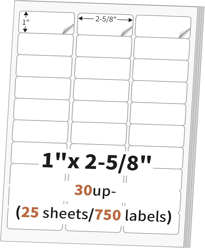 1" x 2 5/8" (25 Sheets) Address Labels, Labels Sticker Paper for Laser/Ink Jet Printer, Printable and Writable White Sticker Labels - Matte, 30 per Page Labels (Total 750 Labels) | Laser Inkjet Printer Labels - TrueDesk