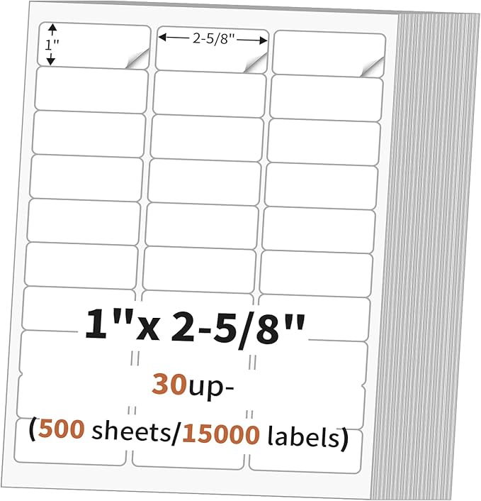 1" x 2 5/8" (500 Sheets) Address Labels, Labels Sticker Paper for Laser/Ink Jet Printer, Printable and Writable White Sticker Labels - Matte, 30 per Page Labels (Total 15000 Labels) | Laser Inkjet Printer Labels - TrueDesk