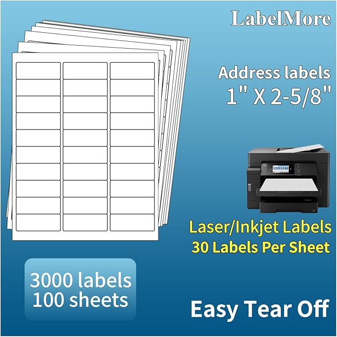 1" X 2 - 5/8" Address Labels 30 Per Sheet Sticker Paper for Laser and Inkjet Printers, 8.5"×11" White - 3000 Labels | Laser Inkjet Printer Labels - TrueDesk