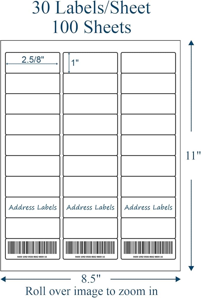 1" x 2 - 5/8" Address Labels, 3000 Labels(100 Sheets) - for Laser/Inkjet Printer, Sticker Paper White 30 per Sheet | Laser Inkjet Printer Labels - TrueDesk