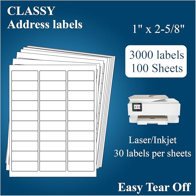 1" x 2 - 5/8" Address Labels, 3000 Labels(100 Sheets) - for Laser/Inkjet Printer, Sticker Paper White 30 per Sheet | Laser Inkjet Printer Labels - TrueDesk