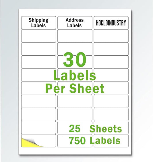 1" x 2 - 5/8" Address Labels, Permanent Adhesive Blank White Labels,Totally 750 Sticker Labels (25 Sheets) | Laser Inkjet Printer Labels - TrueDesk