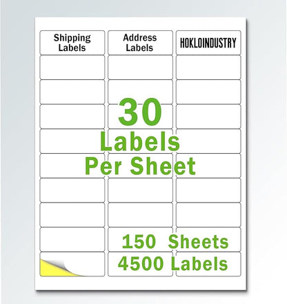 1" x 2 - 5/8" Address Labels,Printable Mailing Labels for Laser/Inkjet Printer,Permanent Adhesive Blank White Labels,Totally 4500 Sticker Labels(150 Sheets) | Address Labels - TrueDesk