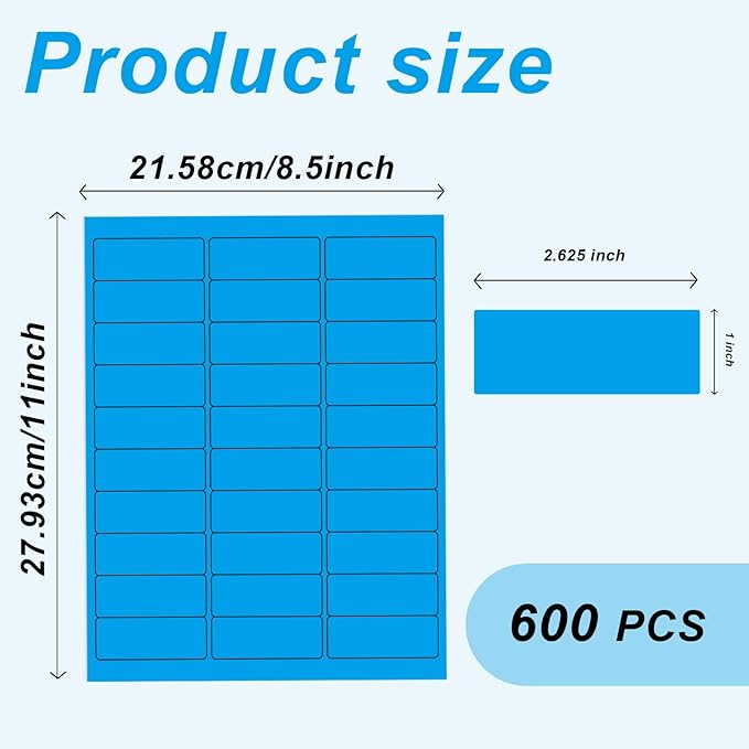 1" x 2 - 5/8" Colored Address Labels, 600 Bright Blue Label Stickers - Laser/Ink Jet Printer Mailing Labels, 8.5"x11" 20 per Sheet | Laser Inkjet Printer Labels - TrueDesk