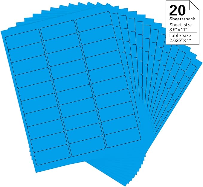 1" x 2 - 5/8" Colored Address Labels, 600 Bright Blue Label Stickers - Laser/Ink Jet Printer Mailing Labels, 8.5"x11" 20 per Sheet | Laser Inkjet Printer Labels - TrueDesk