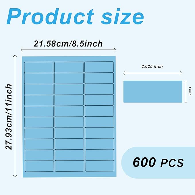 1" x 2 - 5/8" Colored Address Labels, 600 Bright Lake Blue Label Stickers - Laser/Ink Jet Printer Mailing Labels, 8.5"x11" 20 per Sheet | Laser Inkjet Printer Labels - TrueDesk
