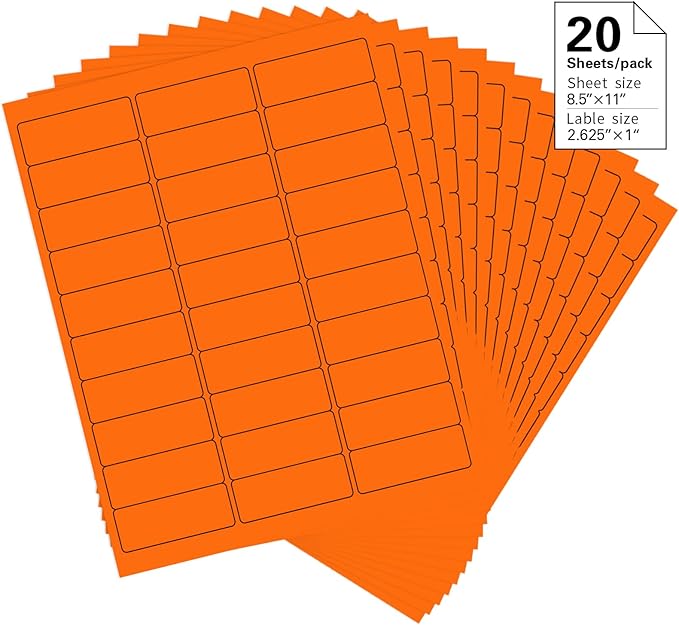 1" x 2 - 5/8" Colored Address Labels, 600 Bright Orange Label Stickers - Laser/Ink Jet Printer Mailing Labels, 8.5"x11" 20 per Sheet | Laser Inkjet Printer Labels - TrueDesk