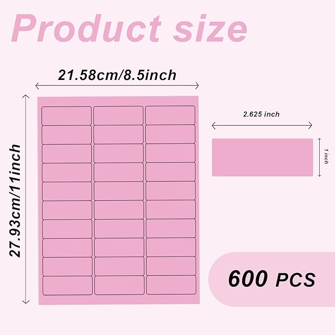 1" x 2 - 5/8" Colored Address Labels, 600 Bright Pink Label Stickers - Laser/Ink Jet Printer Mailing Labels, 8.5"x11" 20 per Sheet | Laser Inkjet Printer Labels - TrueDesk