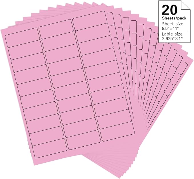 1" x 2 - 5/8" Colored Address Labels, 600 Bright Pink Label Stickers - Laser/Ink Jet Printer Mailing Labels, 8.5"x11" 20 per Sheet | Laser Inkjet Printer Labels - TrueDesk