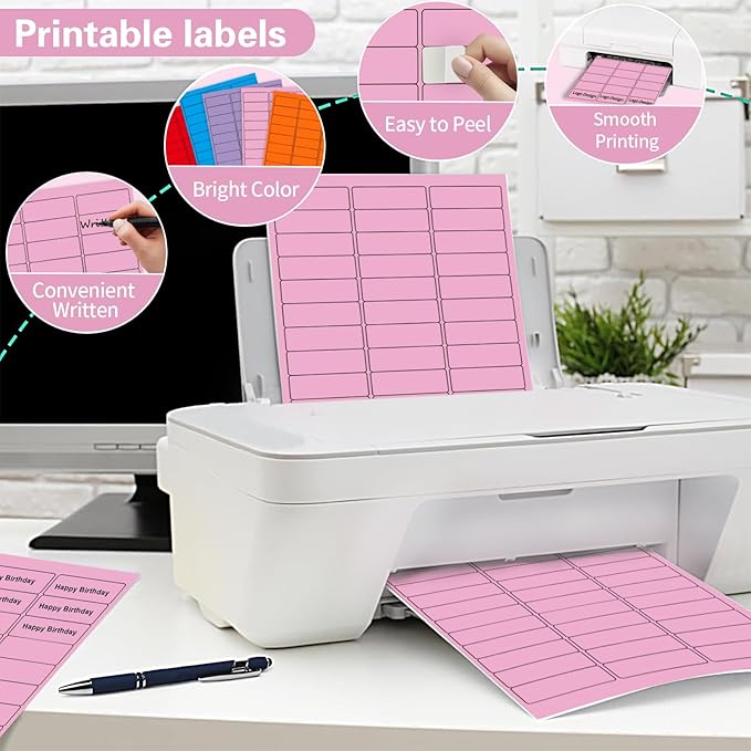 1" x 2 - 5/8" Colored Address Labels, 600 Bright Pink Label Stickers - Laser/Ink Jet Printer Mailing Labels, 8.5"x11" 20 per Sheet | Laser Inkjet Printer Labels - TrueDesk