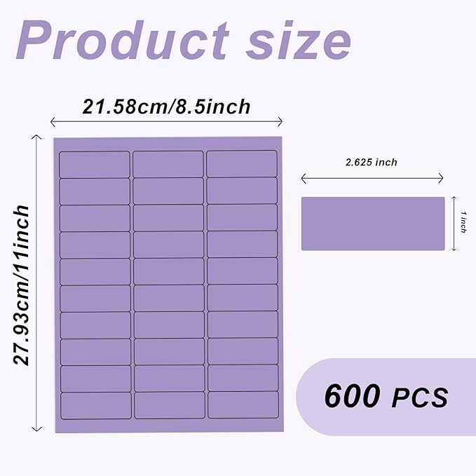 1" x 2 - 5/8" Colored Address Labels, 600 Bright Purple Label Stickers - Laser/Ink Jet Printer Mailing Labels, 8.5"x11" 20 per Sheet | Laser Inkjet Printer Labels - TrueDesk