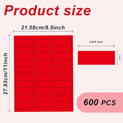 1" x 2 - 5/8" Colored Address Labels, 600 Bright Red Label Stickers - Laser/Ink Jet Printer Mailing Labels, 8.5"x11" 20 per Sheet | Laser Inkjet Printer Labels - TrueDesk