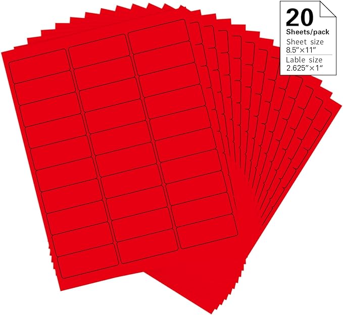 1" x 2 - 5/8" Colored Address Labels, 600 Bright Red Label Stickers - Laser/Ink Jet Printer Mailing Labels, 8.5"x11" 20 per Sheet | Laser Inkjet Printer Labels - TrueDesk