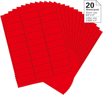 1" x 2 - 5/8" Colored Address Labels, 600 Bright Red Label Stickers - Laser/Ink Jet Printer Mailing Labels, 8.5"x11" 20 per Sheet | Laser Inkjet Printer Labels - TrueDesk