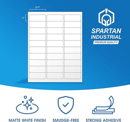 1" X 2 5/8" Matte White Printable Address Labels (250 Sheets, 7500 Stickers) Mailing and Return Address Labels for Laser & Inkjet Printers - Spartan Industrial Template R007 | Laser Inkjet Printer Labels - TrueDesk