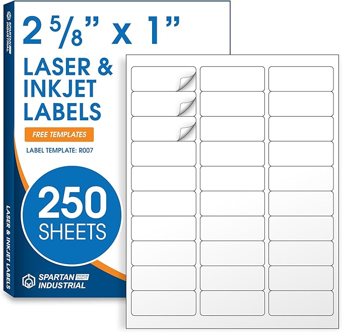 1" X 2 5/8" Matte White Printable Address Labels (250 Sheets, 7500 Stickers) Mailing and Return Address Labels for Laser & Inkjet Printers - Spartan Industrial Template R007 | Laser Inkjet Printer Labels - TrueDesk