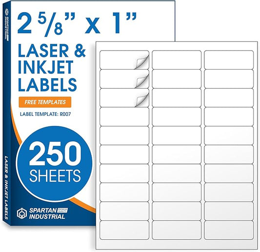 1" X 2 5/8" Matte White Printable Address Labels (250 Sheets, 7500 Stickers) Mailing and Return Address Labels for Laser & Inkjet Printers - Spartan Industrial Template R007 | Laser Inkjet Printer Labels - TrueDesk