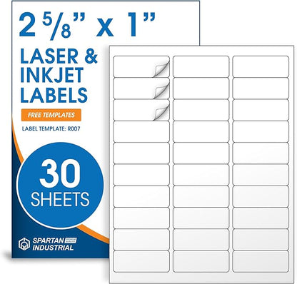 1" X 2 5/8" Matte White Printable Address Labels (30 Sheets, 900 Stickers) Mailing and Return Address Labels for Laser & Inkjet Printers - Spartan Industrial Template R007 | Laser Inkjet Printer Labels - TrueDesk