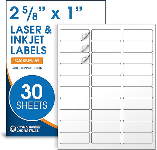 1" X 2 5/8" Matte White Printable Address Labels (30 Sheets, 900 Stickers) Mailing and Return Address Labels for Laser & Inkjet Printers - Spartan Industrial Template R007 | Laser Inkjet Printer Labels - TrueDesk
