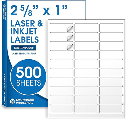1" X 2 5/8" Matte White Printable Address Labels (500 Sheets, 15000 Stickers) Mailing and Return Address Labels for Laser & Inkjet Printers - Spartan Industrial Template R007 | Laser Inkjet Printer Labels - TrueDesk