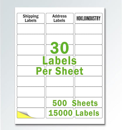 1" x 2 - 5/8" Printable Mailing Labels - 15,000 Total (500 Sheets) - White, Permanent Adhesive | Laser Inkjet Printer Labels - TrueDesk
