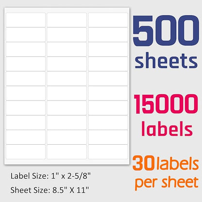 1" x 2 - 5/8" Shipping Address Labels 15000 Label Stickers Paper for Laser/Inkjet Printer 30 per Page Printable Mailing Labels - Matte, 500 Sheets | Laser Inkjet Printer Labels - TrueDesk