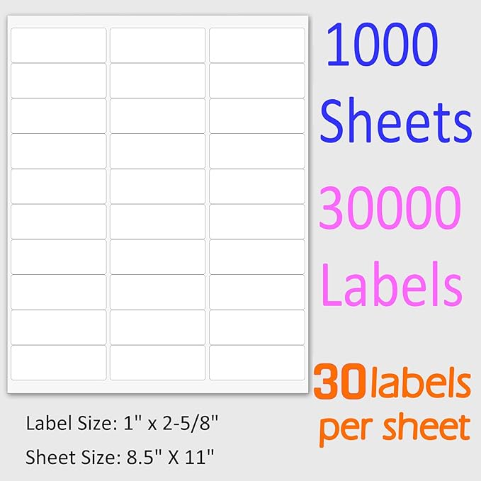 1" x 2 - 5/8" Shipping Address Labels 30000 Label Stickers Paper for Laser/Inkjet Printer 30 per Page Printable Mailing Labels - Matte, 1000 Sheets | Laser Inkjet Printer Labels - TrueDesk