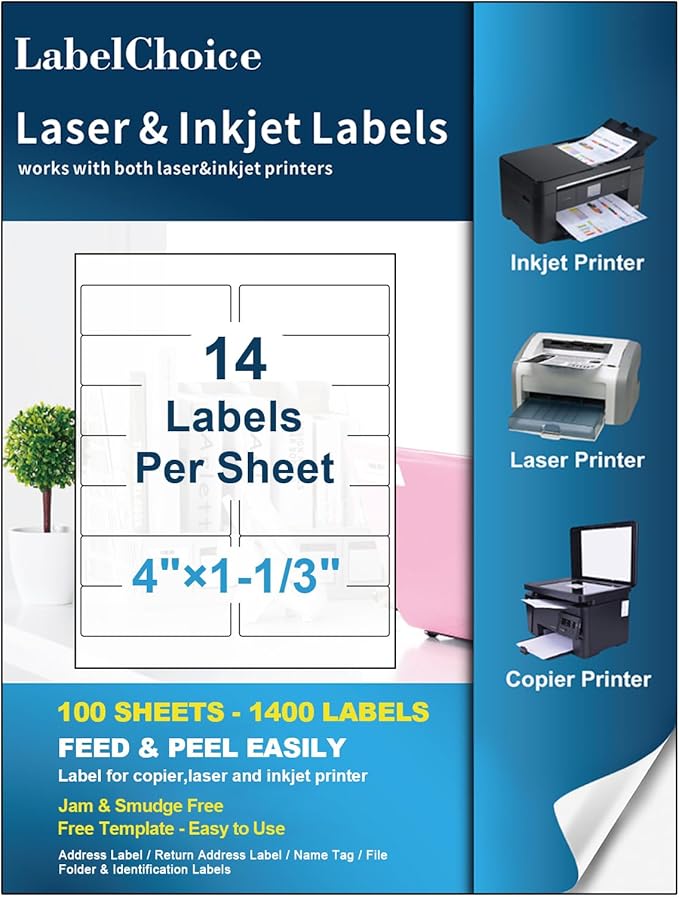 100 Sheets 1400 Labels 4" x1 - 1/3 14 Up Mailing Address Labels Stickers for Laser & Inkjet Printers, Labelchoice 4" x 1.33" 14 Per Page Strong Adhesive Internet Mailing Shipping Label (1 - 1/3x4 - 100P) | Laser Inkjet Printer Labels - TrueDesk